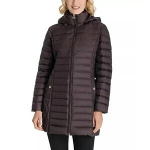 Michael Kors Puffer Coat Jacket Packable Down Hood Brown Chocolate Large